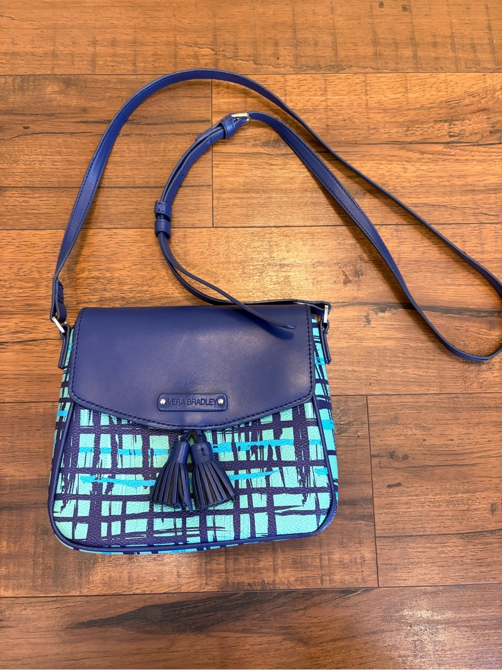 VERA BRADLEY Tassel Crossbody Purse Navy Teal Art Plaid Faux Leather - Picture 2 of 10